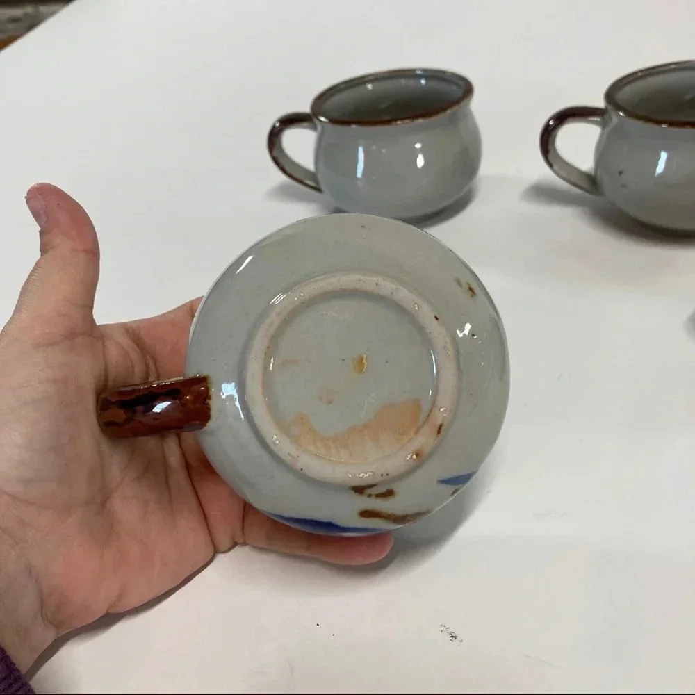 Hand painted Artisan Coffee Mugs Blue Floral Small Set of 4